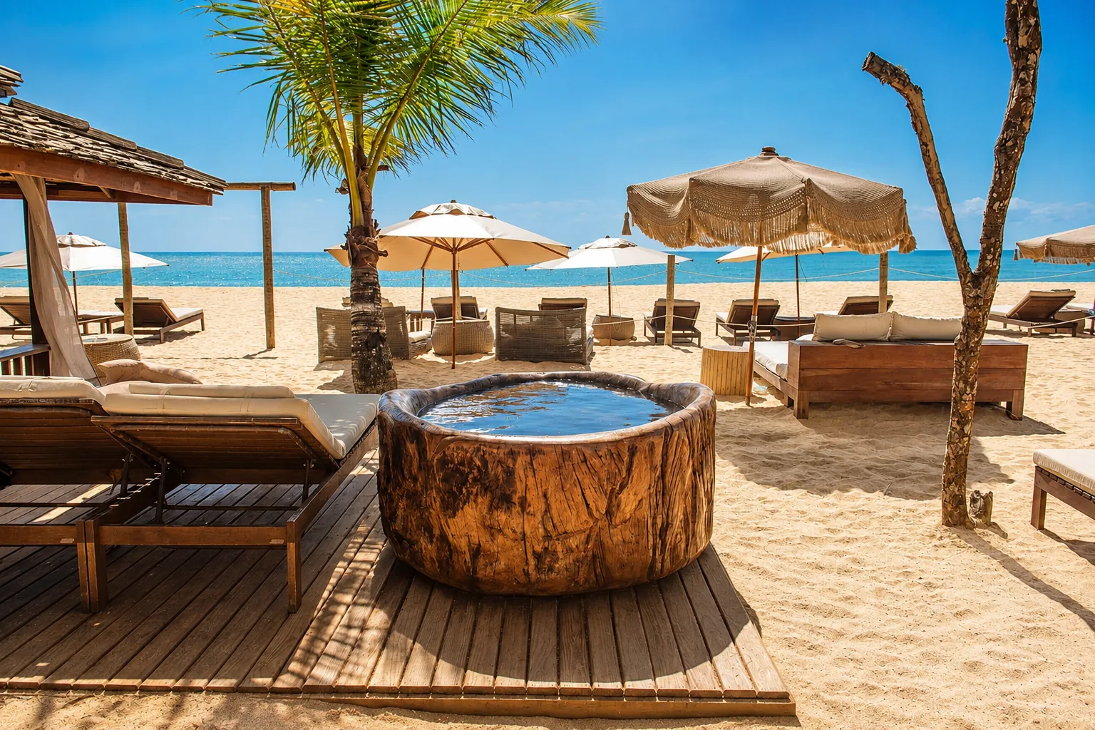 Ofurô na areia com vista para o mar no Amaia