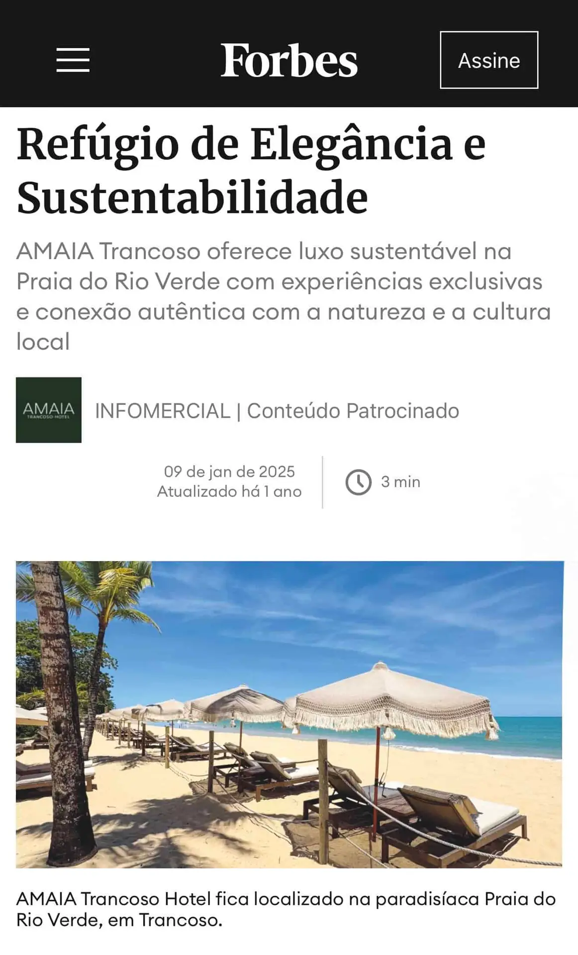 Amaia hotel boutique pé na areia em Trancoso, matéria Forbes